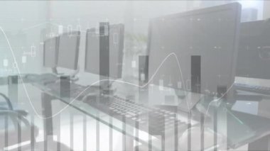 Animation of statistical data processing against empty office. Computer interface and business data technology concept