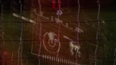 Kafkasyalı futbolcu ve futbolcu üzerinden finansal veri işleme animasyonu. Küresel spor, rekabet, dijital arayüz ve dijital olarak oluşturulmuş veri işleme kavramı.