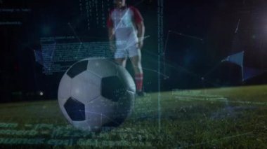 Kafkasyalı futbolcu ve futbolcu üzerinden finansal veri işleme animasyonu. Küresel spor, rekabet, dijital arayüz ve dijital olarak oluşturulmuş veri işleme kavramı.