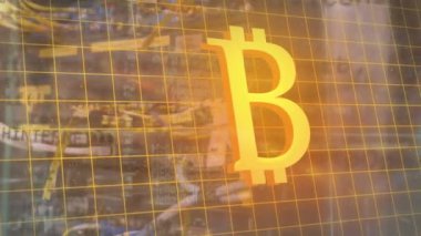 Bitcoin simgesi üzerinde veri işleme animasyonu. Küresel kripto para birimi, hesaplama, dijital arayüz ve dijital olarak oluşturulmuş video işleme kavramı.