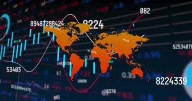 İstatistiksel ve borsa veri işleme üzerinden değişen rakamların ve dünya haritasının animasyonu. Küresel ekonomi ve iş veri teknolojisi kavramı