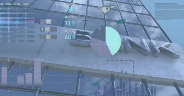 Анимация Обработки Статистических Данных Низким Углом Обзора Здания Банка Концепция — стоковое видео