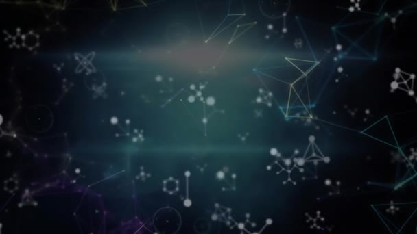 黒の背景に接続 分子構造と青の光スポットのネットワークのアニメーション 世界的なネットワーキングと研究科学技術の概念 — ストック動画