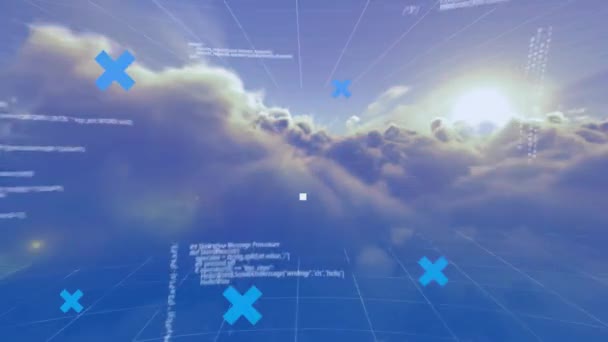 Animering Databehandling Och Nätverk Anslutningar Mot Moln Himlen Globalt Nätverk — Stockvideo