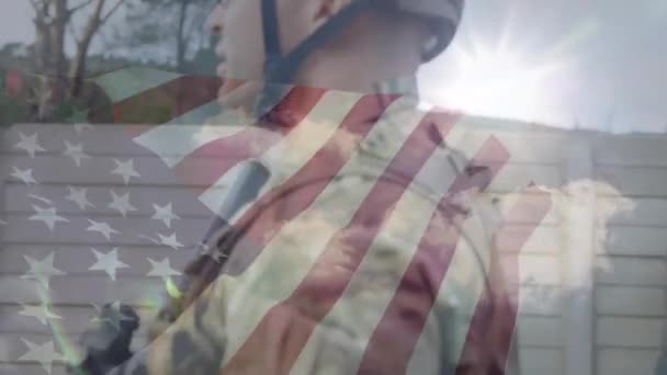 Animación Bandera Sobre Diversos Soldados Patriotismo Americano Las Fuerzas Armadas — Vídeos de Stock