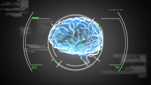 Animatie Van Scope Scanning Dataverwerking Draaiend Menselijk Hersenpictogram Grijze Achtergrond — Stockvideo