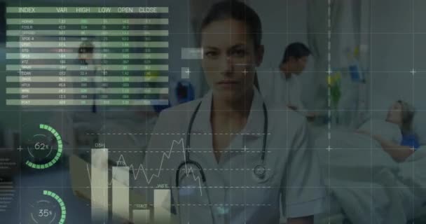 Κινούμενο Σχέδιο Infographic Interface Πάνω Από Καυκάσια Γυναίκα Γιατρό Στέκεται — Αρχείο Βίντεο