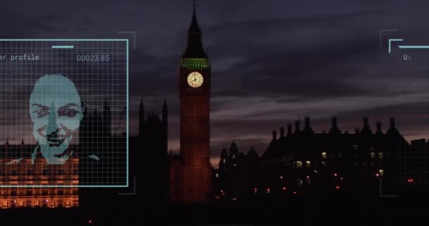 Анимация Биометрических Фотографий Обработка Данных Лондонскому Сити Глобальный Бизнес Финансы — стоковое видео