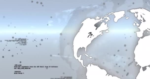 Animation Grey Spots Spinning Globe Data Processing Blue Light Trails — Stock Video