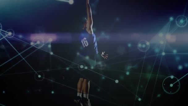 Animación Puntos Conectados Formando Formas Jugador Baloncesto Biracial Lanzando Pelota — Vídeo de stock