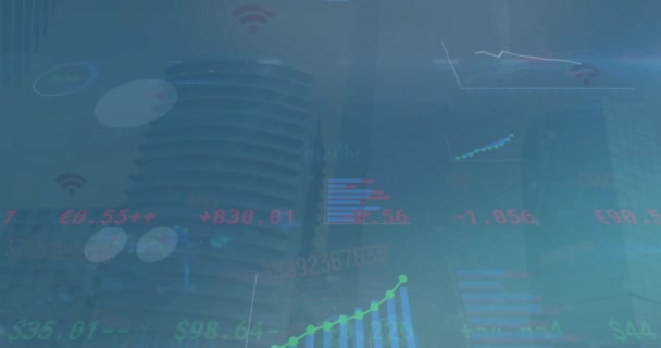 Animation Statistical Stock Market Data Processing Tall Buildings Global Economy — Αρχείο Βίντεο