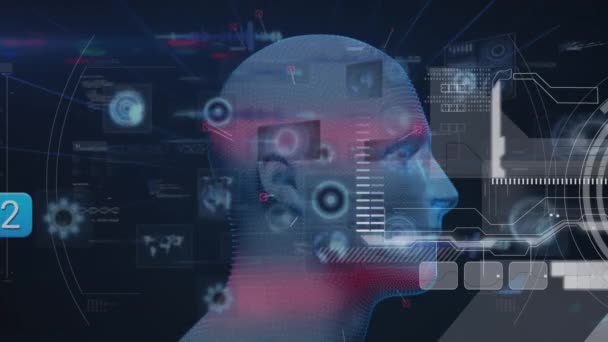 青い背景を背景に回転する人間の頭部モデル上のデータ処理とのインターフェースのアニメーション 医学研究科学技術概念 — ストック動画