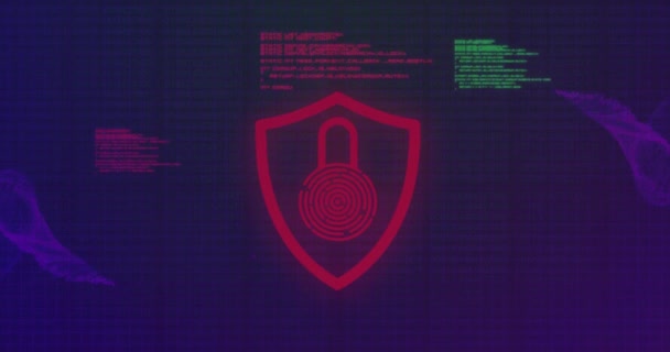 セキュリティ南京錠のアイコン 紫のデジタル波と黒の背景に対するデータ処理のアニメーション サイバーセキュリティとビジネステクノロジーの概念 — ストック動画