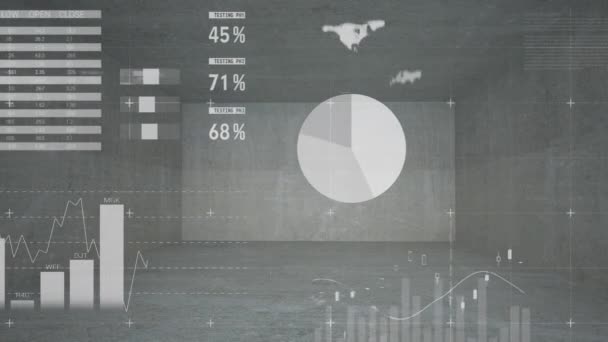 Animación Estadísticas Procesamiento Datos Través Oficinas Vacías Negocios Globales Finanzas — Vídeo de stock