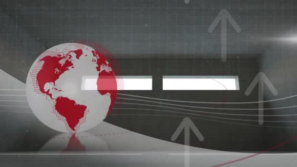 Animacja Globu Strzałką Przetwarzaniem Danych Nad Pustym Biurem Koncepcja Globalnego — Wideo stockowe