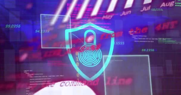 青い背景でデータ処理上の南京錠のアイコンのアニメーション グローバルオンラインセキュリティ ビジネス コンピューティング データ処理の概念デジタル生成ビデオ — ストック動画
