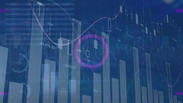 Animatie Van Statistieken Met Financiële Gegevensverwerking Blauwe Achtergrond Mondiaal Bedrijfs — Stockvideo