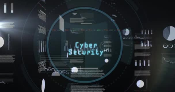 Animacja Tekstu Cyberbezpieczeństwa Poprzez Skanowanie Ikony Oka Względem Wykresów Tablicy — Wideo stockowe
