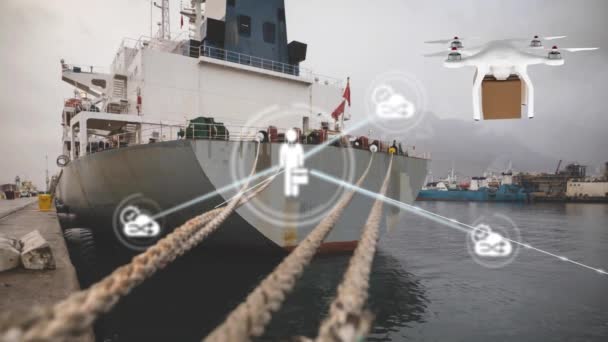 接続されたアイコンのアニメーション 段ボール箱を運ぶ無人機 Dockyardに停泊船 デジタル複合材 複数の露出 テクノロジーの概念 — ストック動画