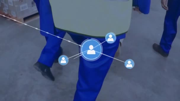 倉庫内の多様な労働者の接続のネットワークのアニメーション グローバル出荷 ビジネス コンピューティング データ処理の概念デジタル生成されたビデオ — ストック動画