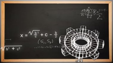 Kara tahta üzerinde simgelerin ve matematiksel denklemlerin animasyonu. Eğitim, öğrenme, bilgi, bilim ve dijital arayüz kavramı dijital olarak oluşturulmuş video.