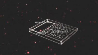 Siyah zemin üzerinde kırmızı noktalar üzerinde hesap makinesi simgesi ve matematiksel denklemlerin animasyonu. Eğitim, öğrenme, bilgi, bilim ve dijital arayüz kavramı dijital olarak oluşturulmuş video.