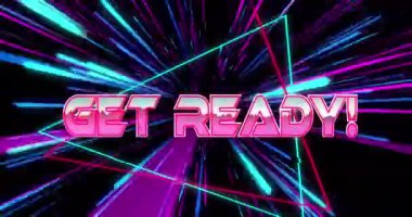 Siyah arkaplan üzerindeki neon ışık izlerinin üzerinde hazır metnin animasyonu. Dijital olarak oluşturulmuş küresel video oyunu, bilgisayar ve veri işleme kavramı.