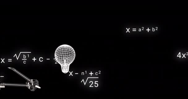 用图标和数学方程在黑色背景上对科学文本进行动画 科学和数字界面概念 — 图库视频影像