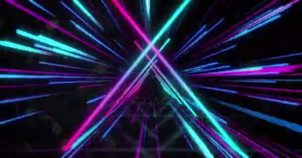 Animacja Niebieskich Neonowych Ścieżek Świetlnych Trójkątów Czarnym Tle Koncepcja Streszczenia — Wideo stockowe