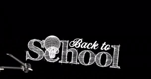 黒い背景の学校のテキストに戻る上のアイコンのアニメーション デジタルインターフェイスの概念はデジタルで生成されたビデオ — ストック動画