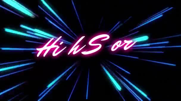 Siyah Zemin Üzerindeki Neon Işık Izlerinin Üzerinde Yüksek Skorlu Metin — Stok video