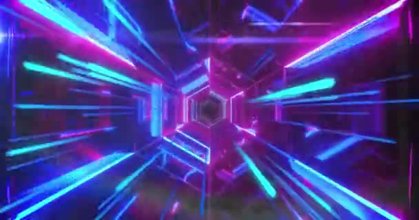 Animace Neonových Světelných Stop Digitálního Tunelu Černém Pozadí Abstraktní Neonový — Stock video