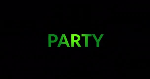 黒を背景にネオンライトトレイル上のパーティーテキストのアニメーション 世界の音楽シーン ソーシャルメディア コンピューティングとデータ処理の概念デジタル生成されたビデオ — ストック動画