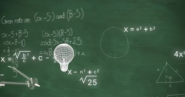 Анимация Иконок Над Математическими Уравнениями Зеленом Фоне Образование Обучение Знания — стоковое видео
