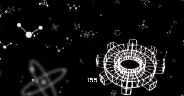 Анимация Икон Над Молекулами Черном Фоне Образование Обучение Знания Наука — стоковое видео