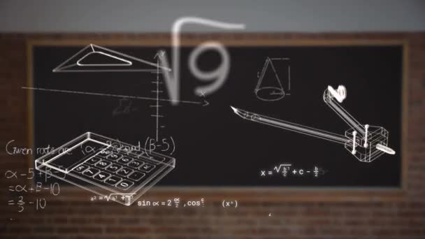 Animatie Van Schoolpictogrammen Wiskundige Vergelijkingen Het Zwarte Bord Onderwijs Leren — Stockvideo