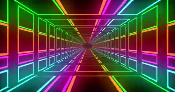 Animacja Kolorowych Neonowych Szlaków Świetlnych Cyfrowego Tunelu Czarnym Tle Koncepcja — Wideo stockowe