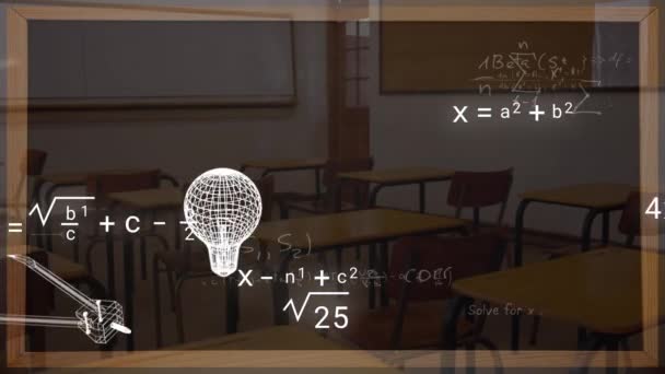 Animación Iconos Ecuaciones Matemáticas Sobre Aula Vacía Educación Aprendizaje Conocimiento — Vídeos de Stock