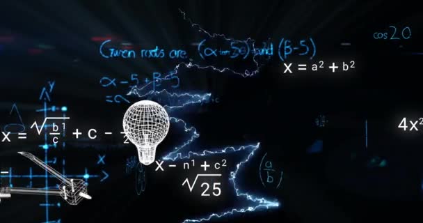 Animering Ikoner Över Matematiska Ekvationer Och Blixtar Svart Bakgrund Vetenskap — Stockvideo