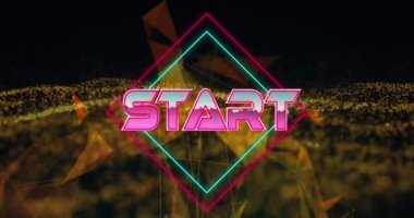 Dinamik dalga desenlerine karşı geometrik şekiller üzerinden eşkenar dörtgenler üzerine başlangıç metninin animasyonu. Dijital olarak oluşturulmuş, hologram, illüstrasyon, düğmeye bas, veri, bağlantı ve teknoloji kavramı.