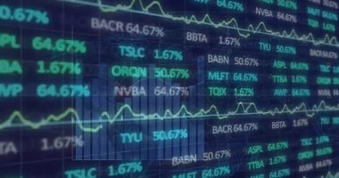 Arkaplandaki haritadaki geometrik şekillere karşı çubuk grafikler üzerinden işlem tahtası animasyonu. Dijital olarak üretilen hologram, illüstrasyon, borsa, rapor, iş dünyası, soyut ve küresel kavram.