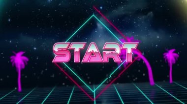 Koyu arkaplanda neon şekiller üzerine başlangıç metninin canlandırması. Dijital olarak oluşturulmuş video oyunu, bağlantılar, hesaplama ve veri işleme kavramı.