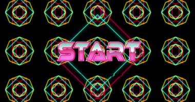 Siyah arkaplana karşı geometrik desenler döngüsü üzerinden eşkenar dörtgenler üzerindeki başlangıç metninin canlandırması. Dijital olarak oluşturulmuş, hologram, illüstrasyon, video oyunu, düğmeye bas, atari ve teknoloji konsepti.