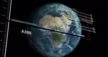 Dünya üzerinde veri işleme animasyonu. Dijital olarak oluşturulmuş küresel bağlantılar, iş, finans, bilgisayar ve veri işleme kavramı.