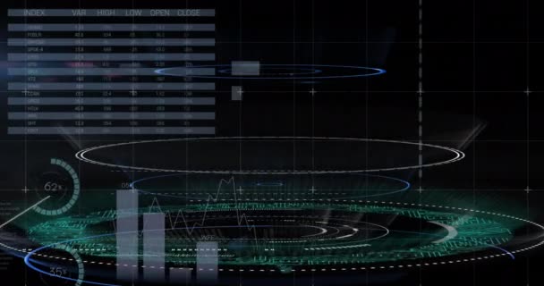 Animación Interfaz Infográfica Sobre Patrón Placa Circuito Iluminado Círculos Generado — Vídeos de Stock