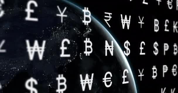Animation Currency Symbols Data Processing Globe Global Connections Business Finances — Stock Video