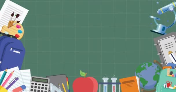 テスト管 カラーパレットや学校用品のアニメーション デジタル生成 ホログラム イラスト 文房具 グローバル化 果物や教育の概念 — ストック動画