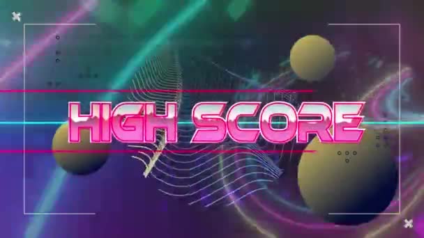Animation Von Highscore Text Über Neon Formen Globales Videospiel Computer — Stockvideo