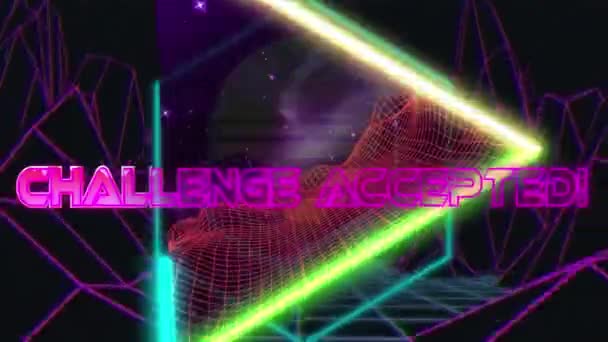 Animation Der Herausforderung Akzeptierten Text Über Neon Formen Auf Dunklem — Stockvideo