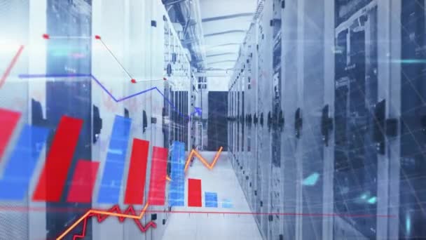 Animazione Elaborazione Statistica Dei Dati Mosaico Sqaures Contro Sala Server — Video Stock